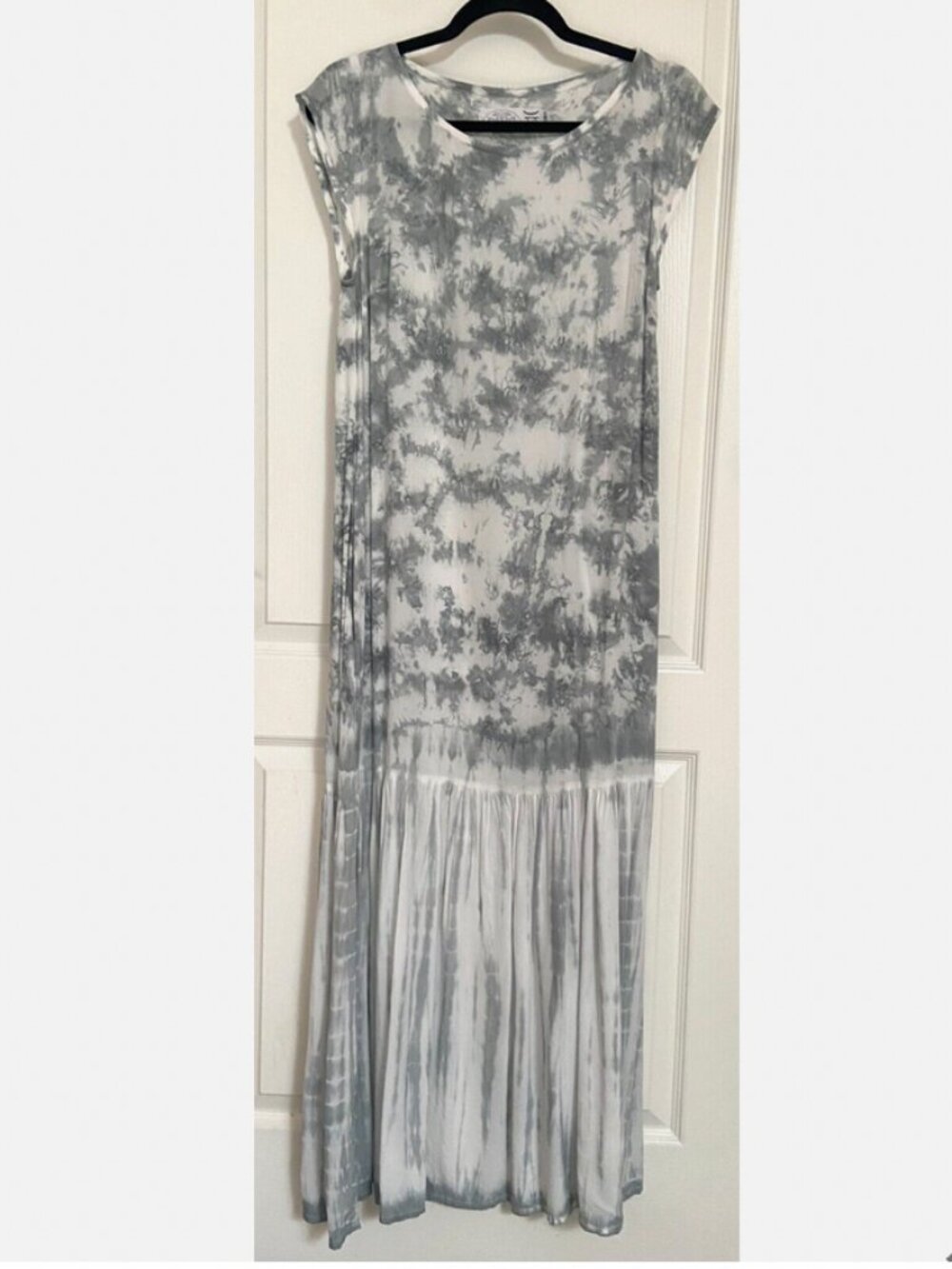 Gaya Blue Gray Tie Dye Cap Sleeve Whimsical Maxi Dress w/ Pockets Travel S FX1